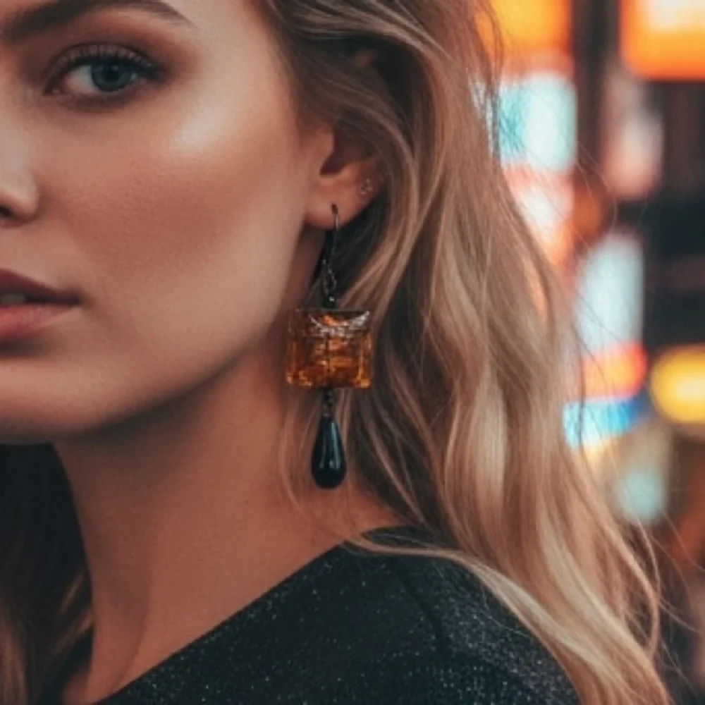 HAND CRAFTED DROP EARRINGS Clear Foil-lined Amber Glass Black Onyx Teardrops